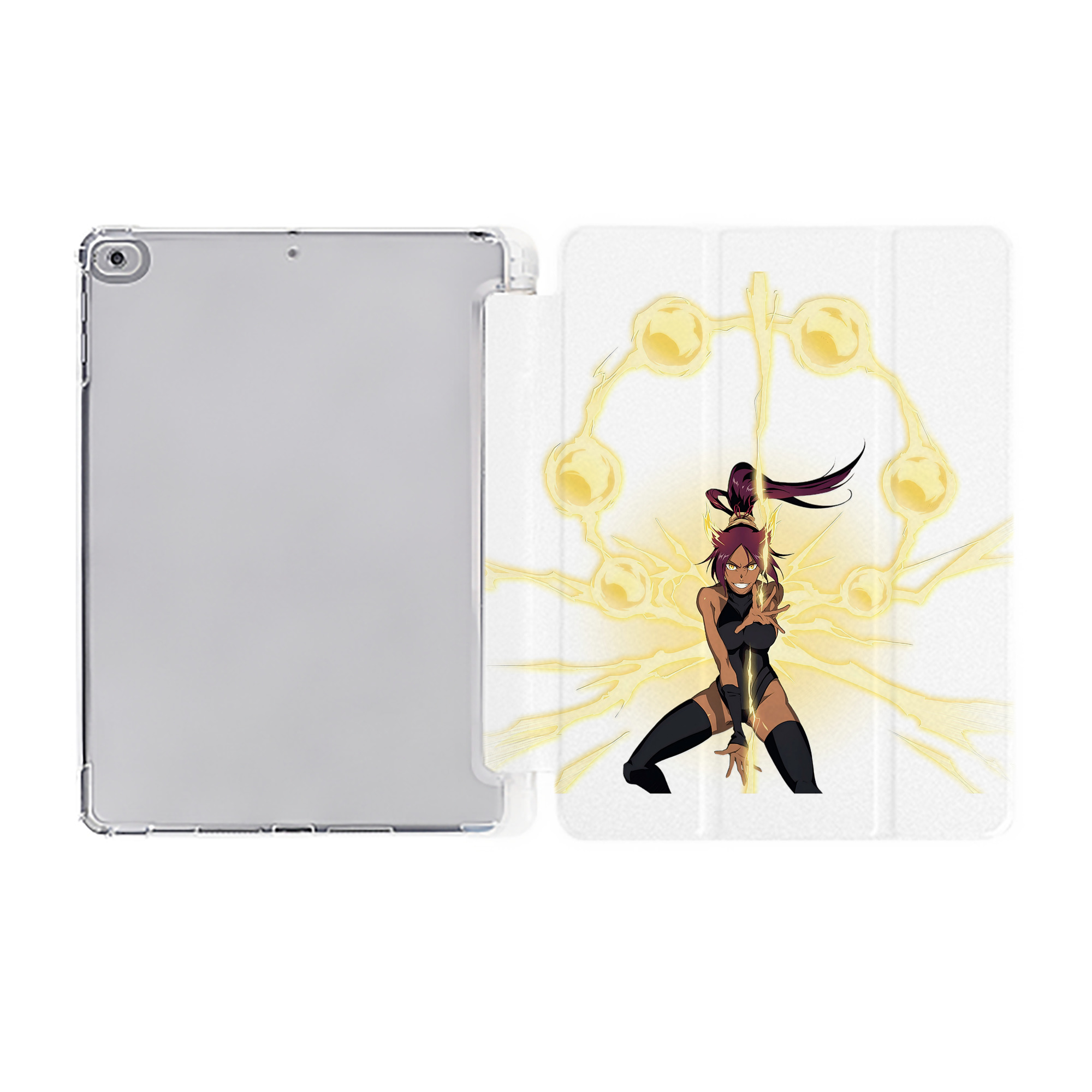 （画像用） ブリーチ 四楓院 夜一（しほういん よるいち） BLEACH Shihouin Yoruichi IPad ケース ペン収納付き 三つ折りスタンド PUレザー×シリコン 対応機種9.5/10.5/10.9インチ